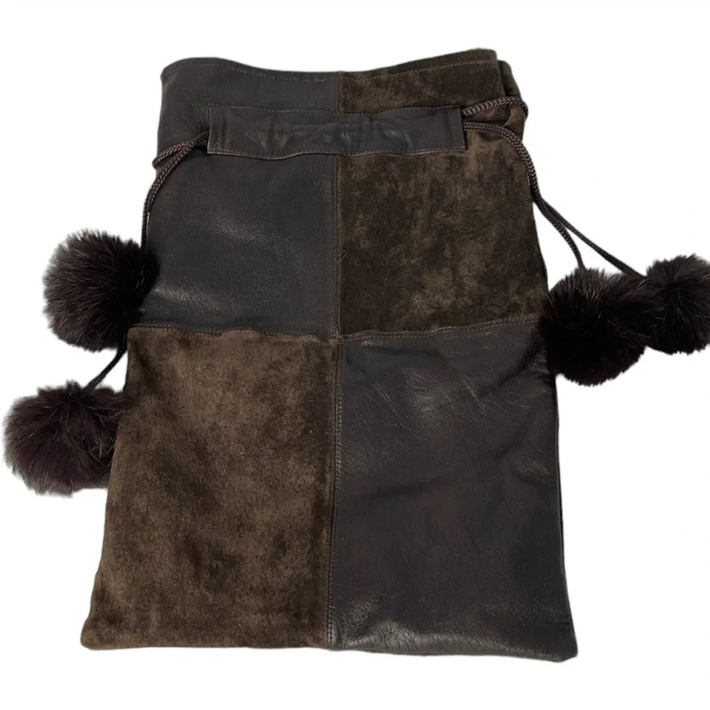 SHOE BAG Dark Chocolate Brown Pom Pom  Drawstring Genuine Leather Fur Patchwork